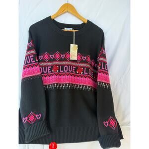 Johnny Was NWT Love Heart Sweater Black Pink Embellished  Pullover Women's Lg